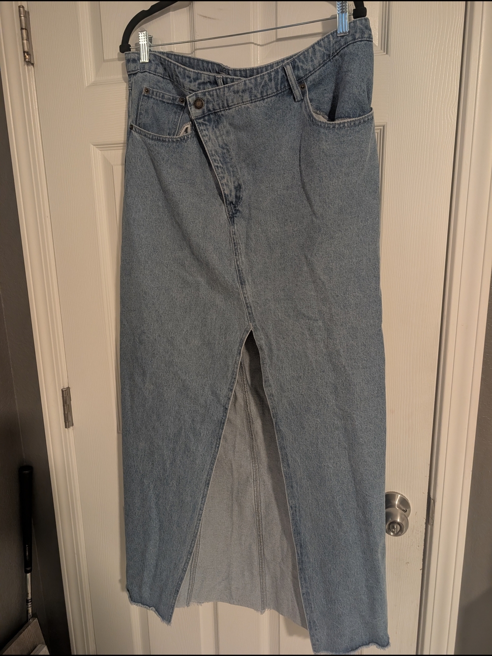 Dressed in LALA Light Blue Denim Straight Skirt with Front Slit